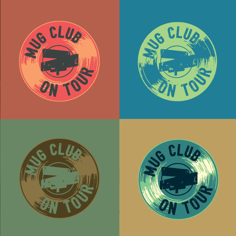 graphic of four squares in different colors with cherry street mug club on tour logo inside
